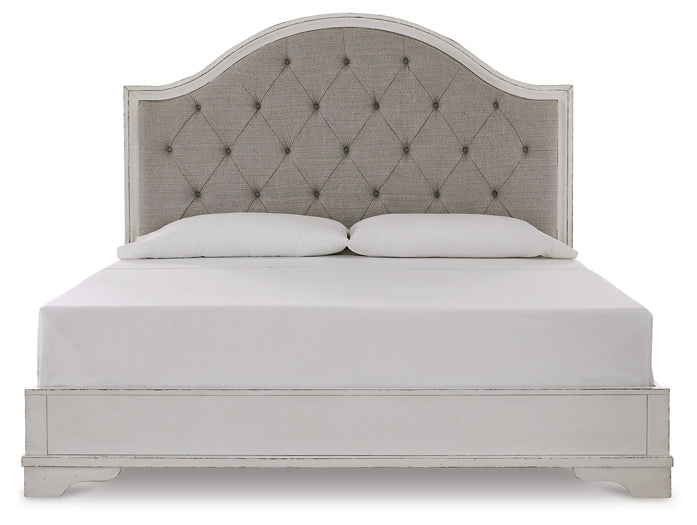 Brollyn King Upholstered Panel Bed with Mirrored Dresser